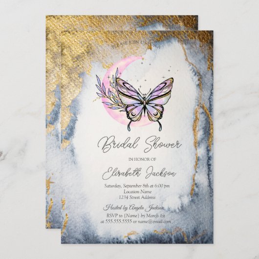 Celestial Floral Moon Butterfly Brautparty Einladung (Vorne/Hinten)