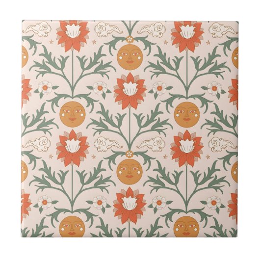 Celestial Floral Sunburst Seamless Pattern Design Fliese (Vorderseite)