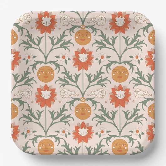 Celestial Floral Sunburst Seamless Pattern Design Pappteller (Vorderseite)