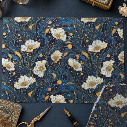 Celestial Florals Cream und Gold auf Marine Seidenpapier