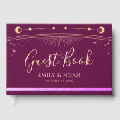 Celestial Fuchsia Gold Sun Moon Stars Wedding  Gästebuch (Vorderseite)