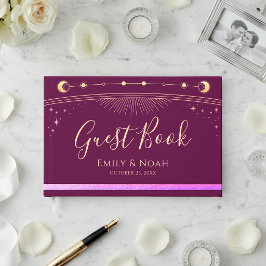 Celestial Fuchsia Gold Sun Moon Stars Wedding  Gästebuch