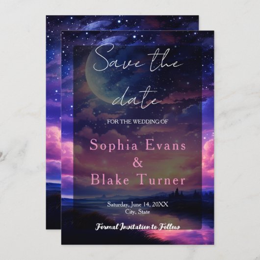 Celestial Full Moon Stars Wedding Save the Date Einladung (Vorne/Hinten)