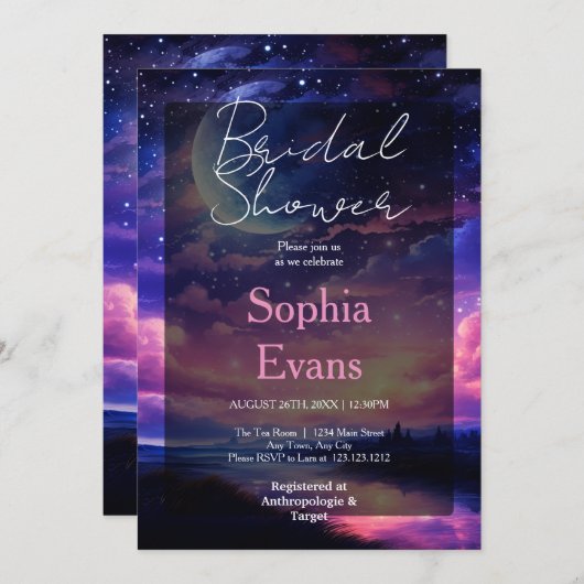 Celestial Full Moon Stars Wolken Brautparty Einladung (Vorne/Hinten)