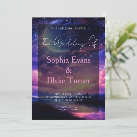 Celestial Full Moon Stars Wolken Mystische Hochzei Einladung (Stehend Vorderseite)