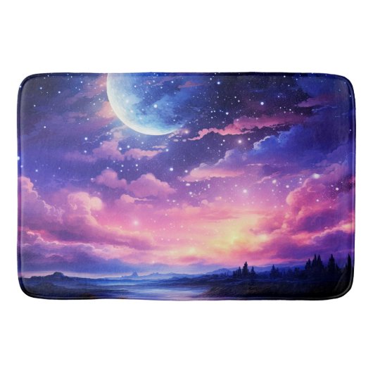 Celestial Full Moon Stars Wolken Mystische Lila Badematte (Vorderseite)