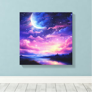 Celestial Full Moon Stars Wolken Mystische Lila Leinwanddruck