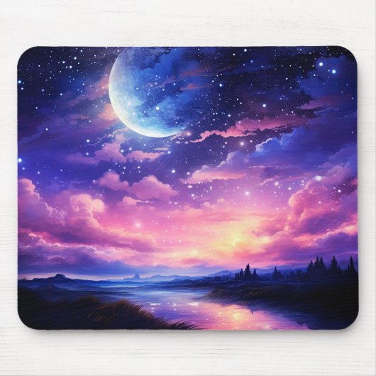 Celestial Full Moon Stars Wolken Mystische Lila Mousepad (Vorne)