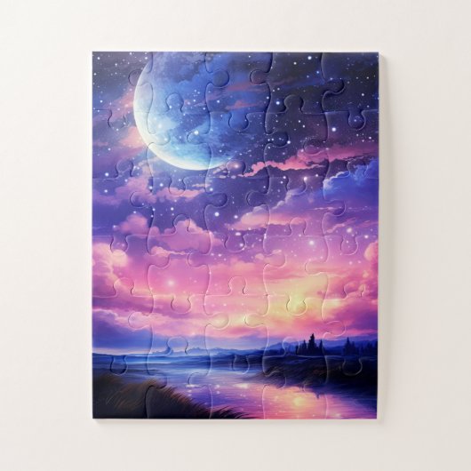 Celestial Full Moon Stars Wolken Mystische Lila Puzzle (Vertikal)