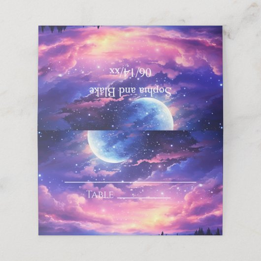 Celestial Full Moon Wedding Folded Platzkarte (Außenseite Aufgefaltet)