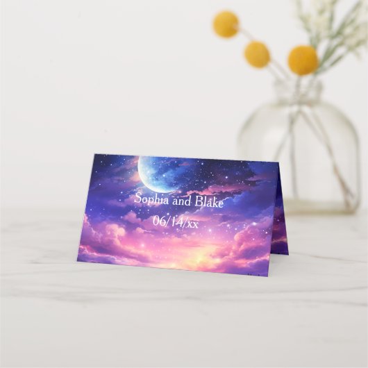 Celestial Full Moon Wedding Folded Platzkarte (Rückseite)