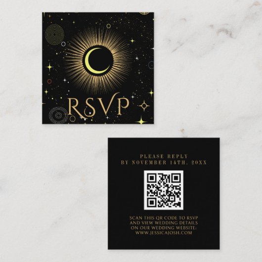Celestial Galaxy Black QR Code Wedding RSVP Begleitkarte (Vorne/Hinten)