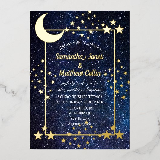Celestial Galaxy Cosmos Moon Sky Gold Hochzeit Folieneinladung (Vorderseite)