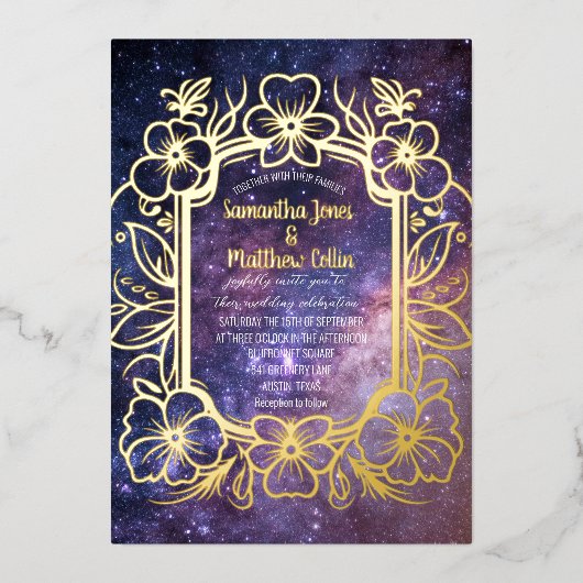 Celestial Galaxy Cosmos Night Gold Hochzeit Folieneinladung (Vorderseite)
