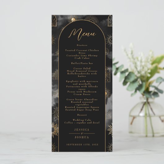 Celestial Galaxy Sun Crescent Moon Black Boho Menü Menükarte (Stehend Vorderseite)