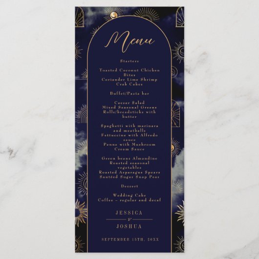 Celestial Galaxy Sun Crescent Moon Navy Boho Menü Menükarte (Vorderseite)