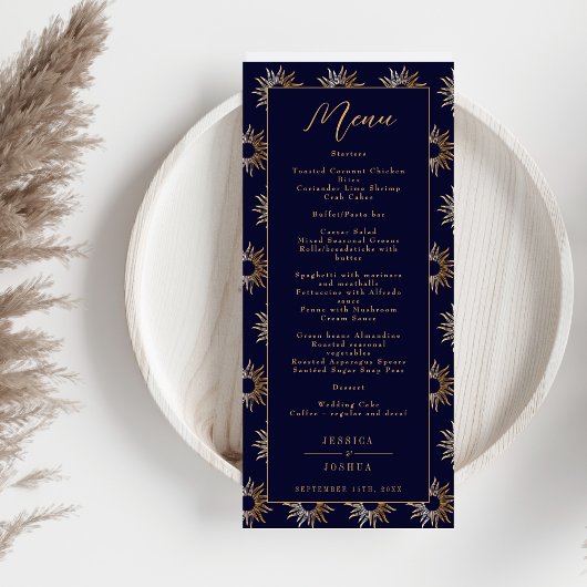 Celestial Galaxy Sun Golden Navy Blue Menükarte