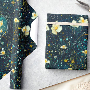 Celestial Garden Navy Blue, Gold Floral Decoupage Geschenkpapier