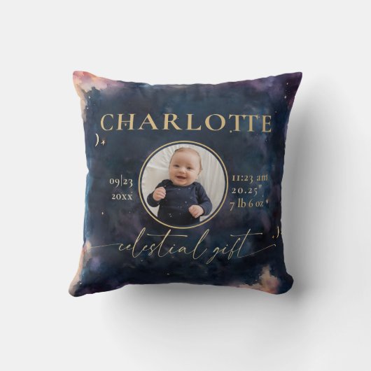 Celestial Geschenk Geburtsstaten Keepake Foto Kind Kissen (Rückseite)