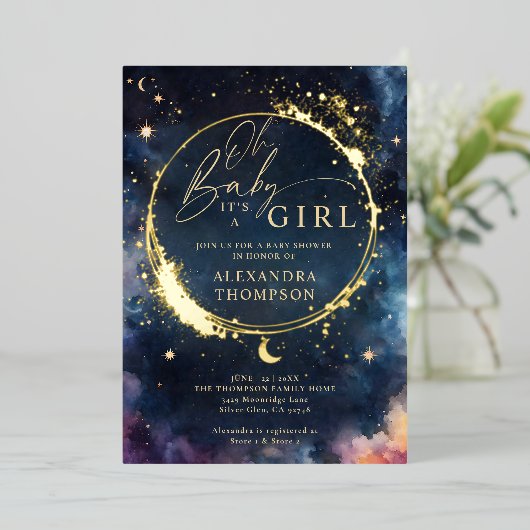 Celestial Gift Mitternacht Blue Elegante Babydusch Folieneinladung (Stehend vorne)