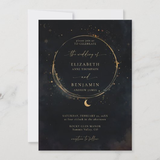 Celestial Gift Moody Dark Elegant Gold Wedding Einladung (Vorderseite)
