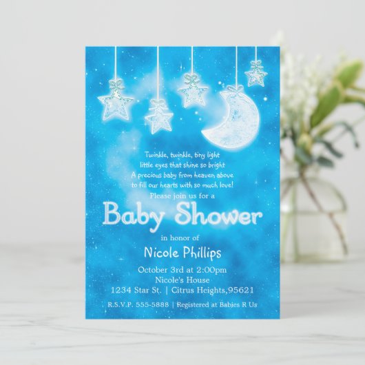Celestial Glows Stars Moon Blue Sky Baby Dusche Einladung (Stehend Vorderseite)