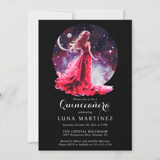 Celestial Goddess Red Dress Starry Sky Quinceañera Einladung (Vorderseite)