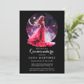 Celestial Goddess Red Dress Starry Sky Quinceañera Einladung (Stehend Vorderseite)