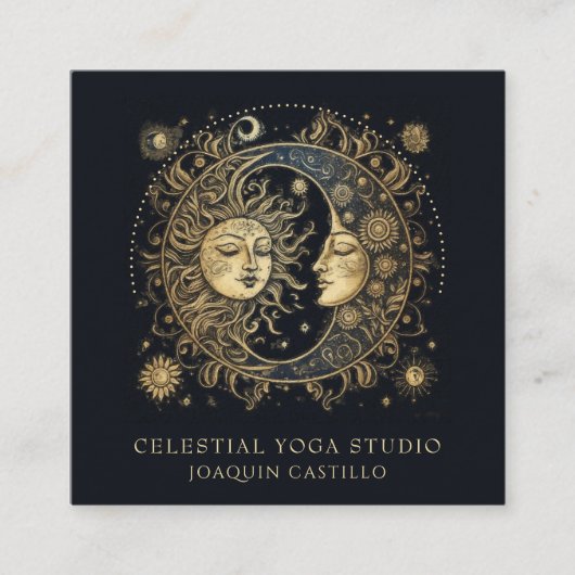 Celestial Gold Black Sun Moon Yoga Quadratische Visitenkarte (Vorderseite)