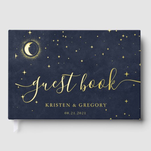 Celestial Gold Crescent Moon Wedding Gästebuch (Vorderseite)