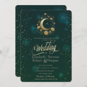Celestial Gold Floral Moon Stars Wedding Green Einladung (Vorne/Hinten)