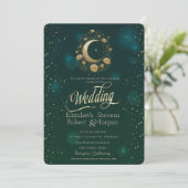 Celestial Gold Floral Moon Stars Wedding Green Einladung (Stehend Vorderseite)