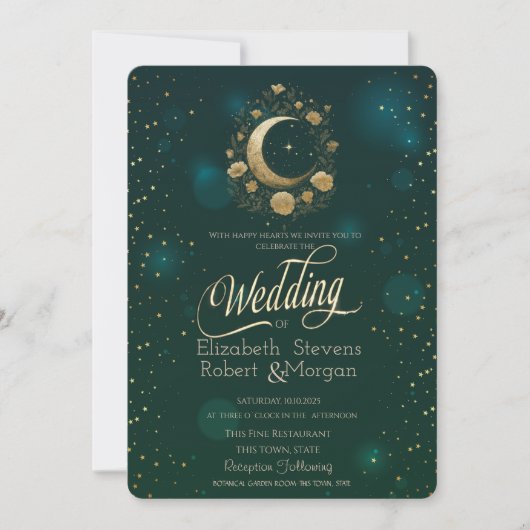 Celestial Gold Floral Moon Stars Wedding Green Einladung (Vorderseite)