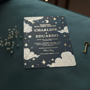 Celestial Gold Foil Moon & Stars Hochzeit Folieneinladung