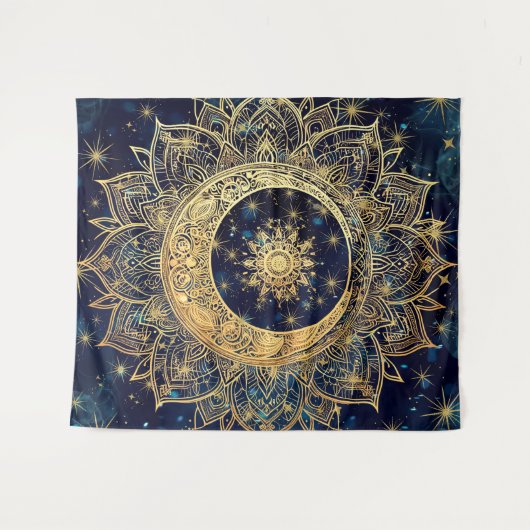 Celestial Gold Mandala Sun Moon Galaxy Blue Night Wandteppich (Vorderseite (Horizontal))