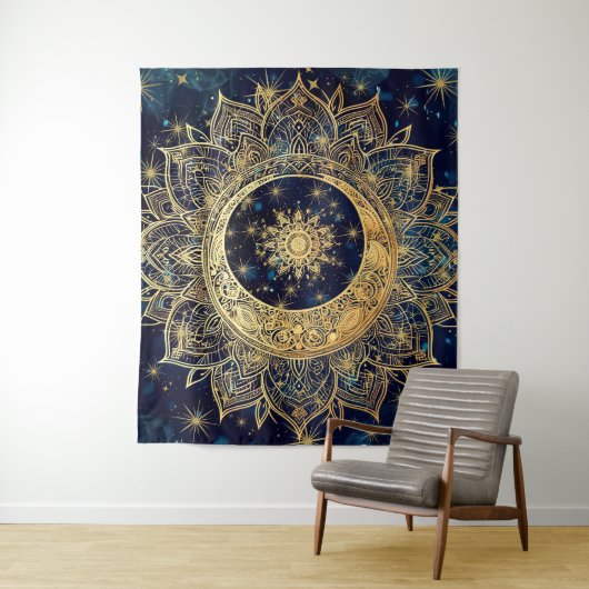 Celestial Gold Mandala Sun Moon Galaxy Blue Night Wandteppich (Beispiel)