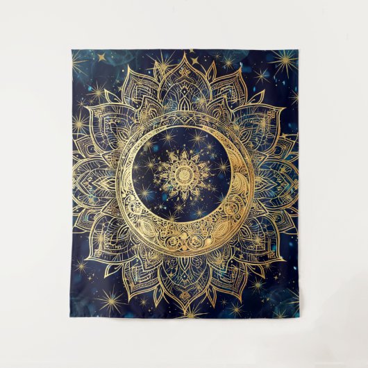 Celestial Gold Mandala Sun Moon Galaxy Blue Night Wandteppich (Vorderseite)