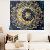 Celestial Gold Mandala Sun Moon Galaxy Blue Night Wandteppich