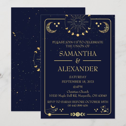 Celestial Gold Midnight Blue Wedding Einladung (Vorne/Hinten)