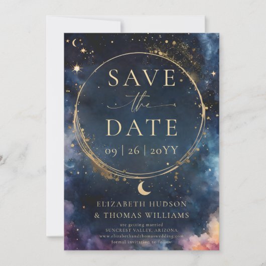 Celestial Gold Midnight Blue Wedding Save the Date (Vorderseite)