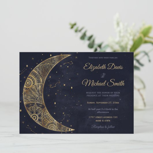 Celestial Gold Moon Ästhetik Einladung (Stehend Vorderseite)