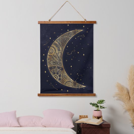 Celestial Gold Moon Ästhetik Wandteppich Mit Holzrahmen (Schlafzimmer)
