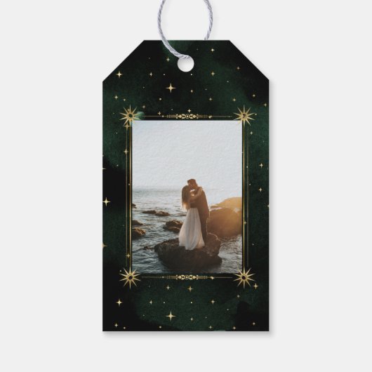 Celestial Gold Moon Save the Date Foto Geschenktas Geschenkanhänger (Rückseite)