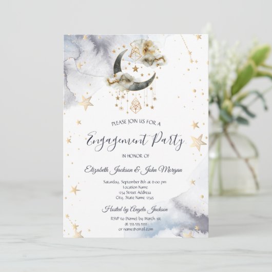Celestial Gold Moon Stars Einladung (Stehend Vorderseite)