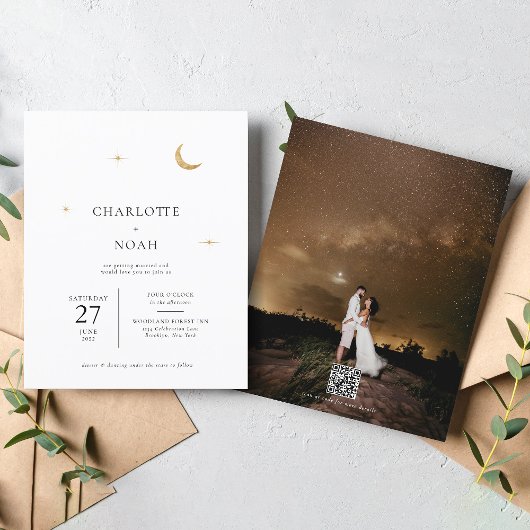 Celestial Gold Moon Stars Foto QR Code Wedding
