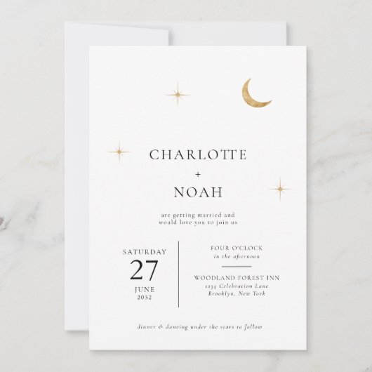 Celestial Gold Moon Stars Foto QR Code Wedding Einladung (Vorderseite)