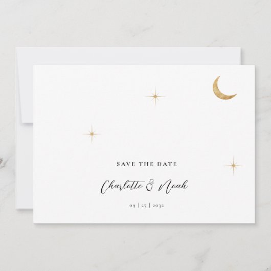 Celestial Gold Moon Stars Foto QR Code Wedding Save The Date (Vorderseite)