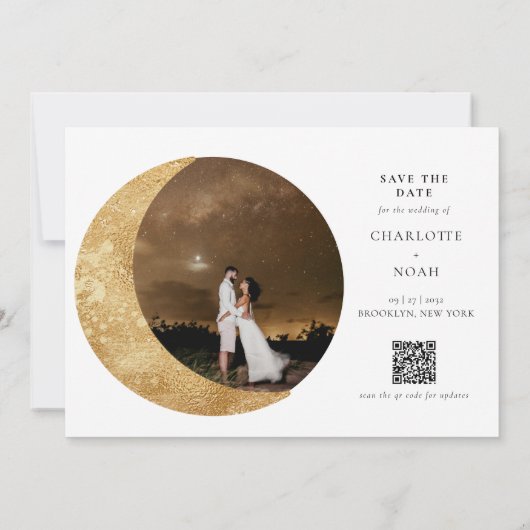 Celestial Gold Moon Stars Foto QR Code Wedding Save The Date (Rückseite)