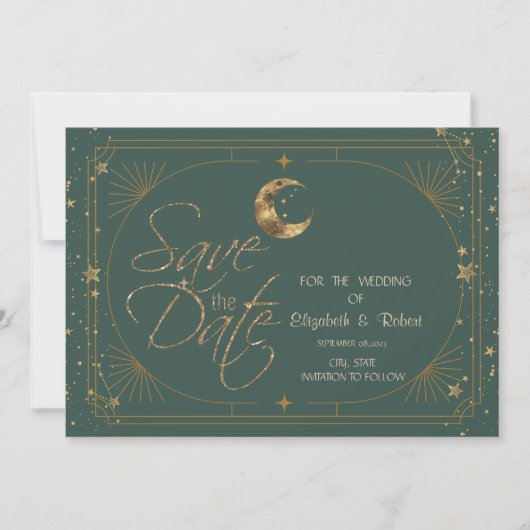 Celestial Gold Moon Stars Frame Green Save The Date (Vorderseite)
