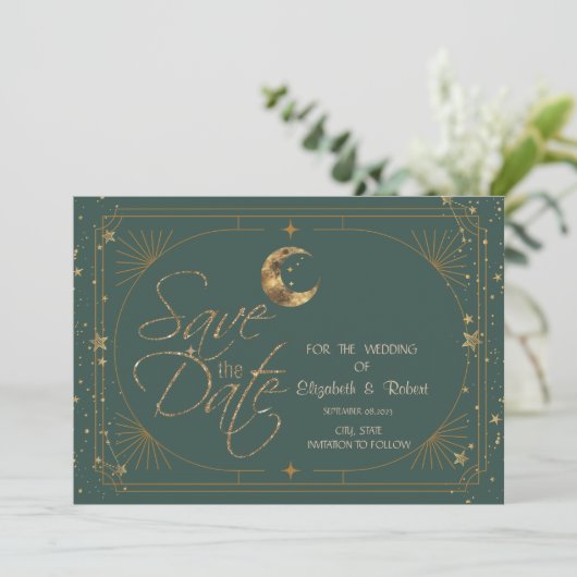 Celestial Gold Moon Stars Frame Green Save The Date (Stehend Vorderseite)
